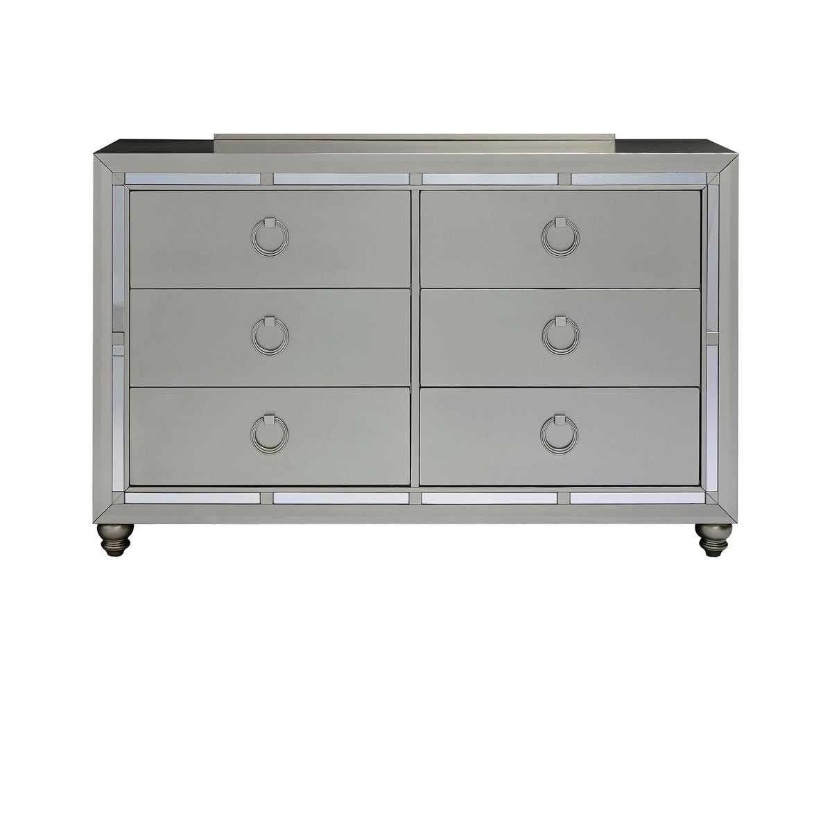 Gemstone Silver Dresser with Mirror Accents by HouseOfZazla, mirrored frame and round ring pulls on Tampa Home & Garden Store