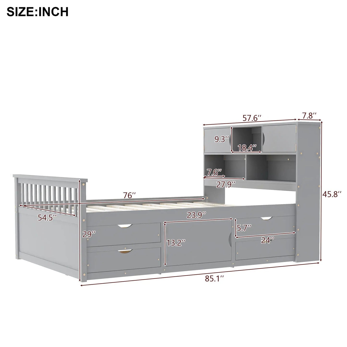 Captain platform bed frame with bookcase headboard in gray, 4 drawers and storage shelves on Tampa Home & Garden Store