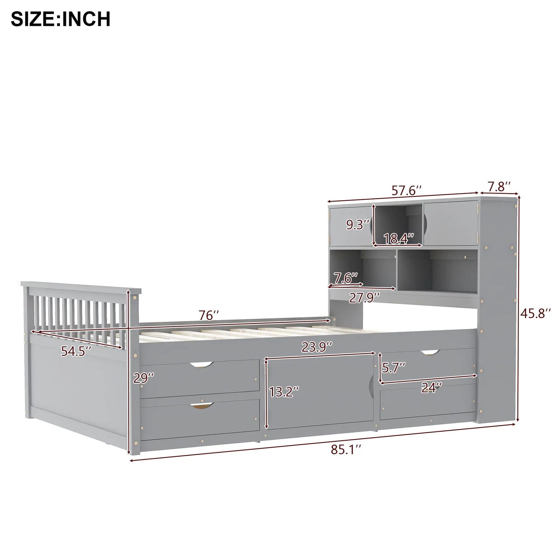Captain platform bed frame with bookcase headboard in gray, 4 drawers and storage shelves on Tampa Home & Garden Store