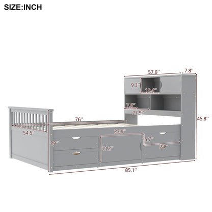Captain platform bed frame with bookcase headboard in gray, 4 drawers and storage shelves on Tampa Home & Garden Store