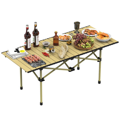 GemGear tan slatted folding camping table portable carbon steel roll-up desk for outdoor use on Tampa Home & Garden Store