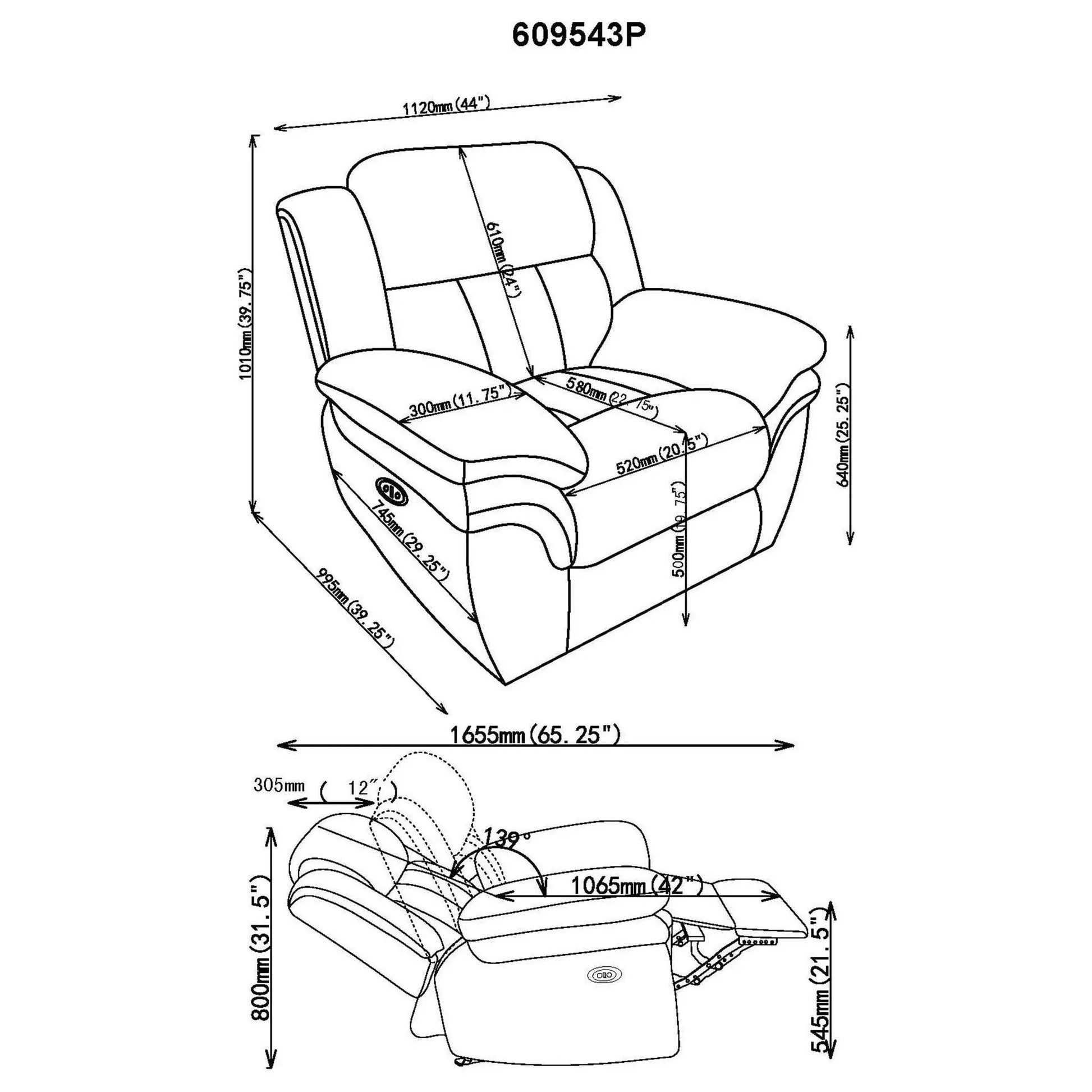Pannen Glider Recliner chair by Unique Piece Furniture with dimensioned schematic diagram on Tampa Home & Garden Store