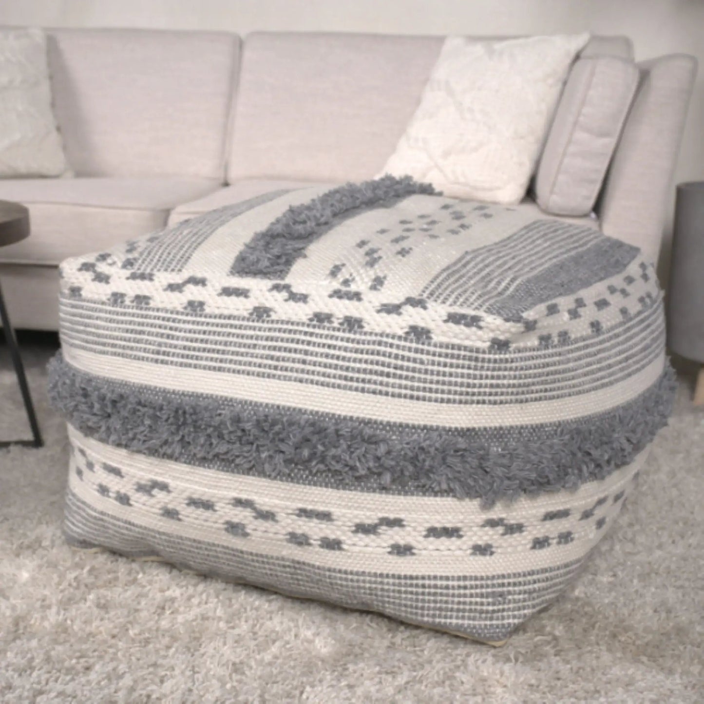 Karim Faux Yarn Pouf Large Ivory Gray Living Room