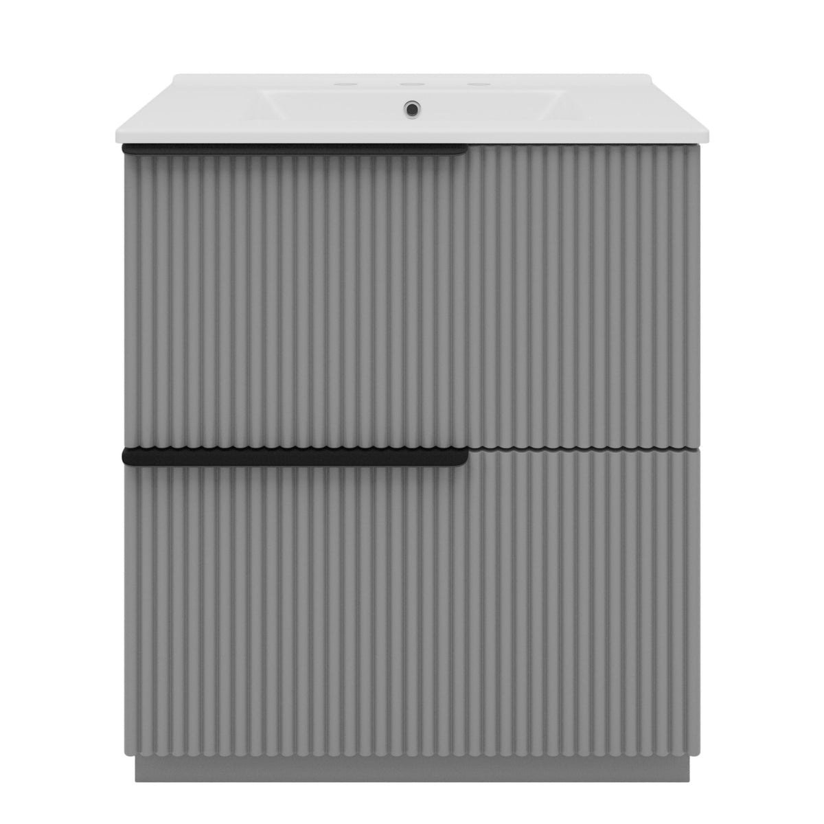 Fluted bathroom vanity and ceramic sink unit, gray ribbed cabinet, white countertop on Tampa Home & Garden Store