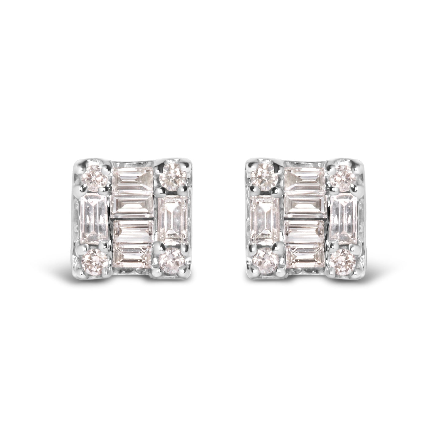 10K white gold square mosaic stud earrings with round and baguette diamonds on Tampa Home & Garden Store