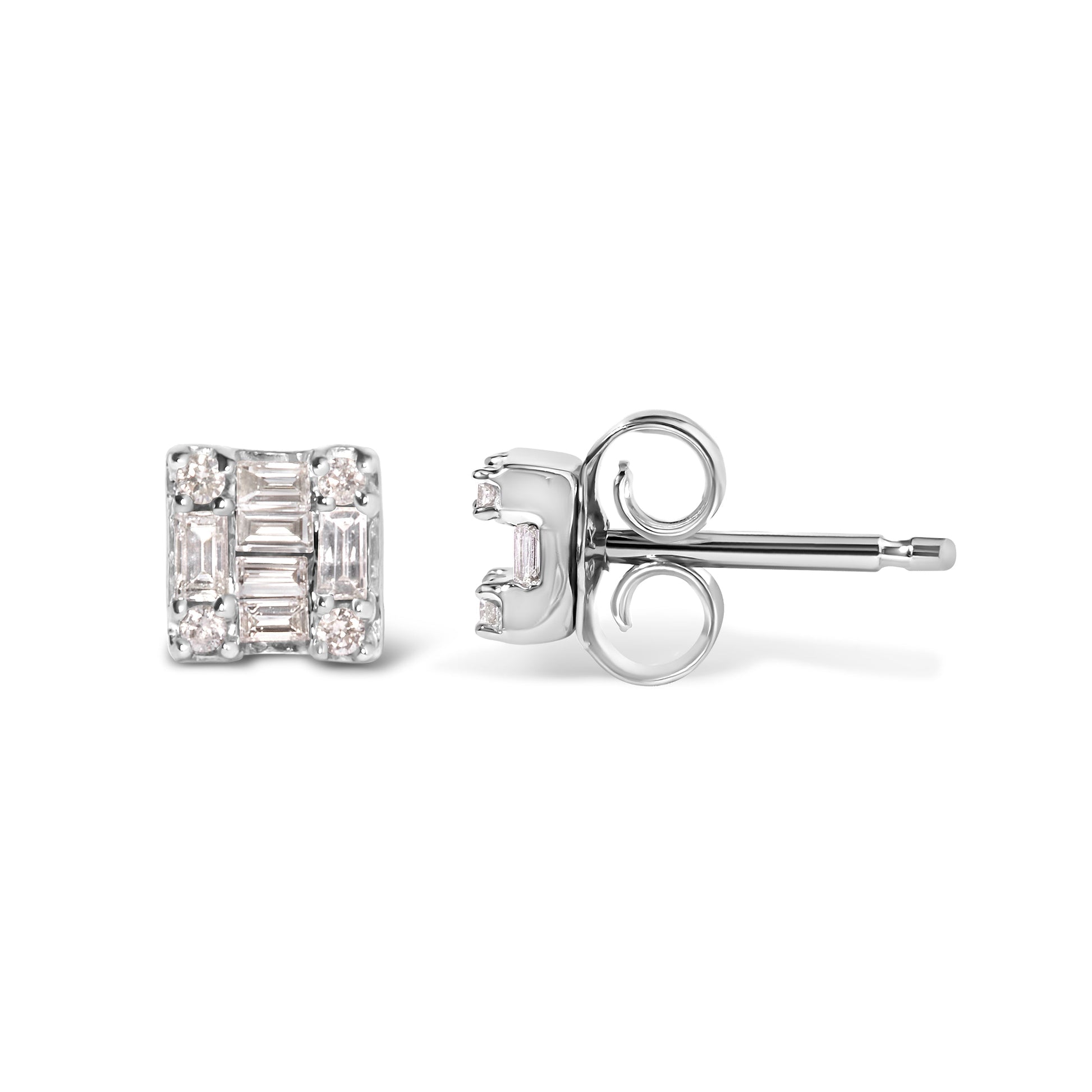 10K white gold mosaic square stud earrings with baguette and round diamonds H-I color on Tampa Home & Garden Store