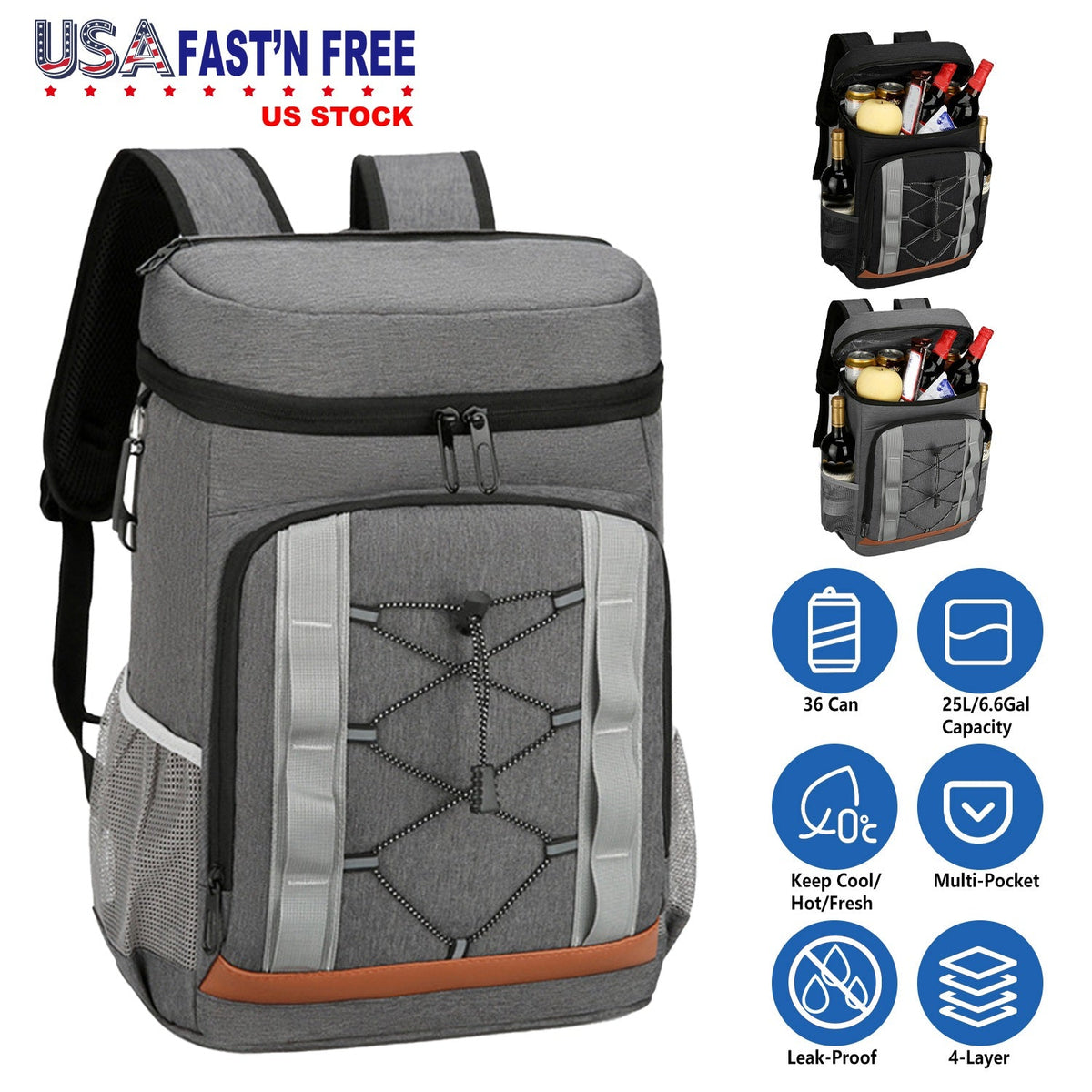 GemGear Cooler Backpack 36 Can gray insulated leakproof 25L capacity with front bungee pockets on Tampa Home & Garden Store