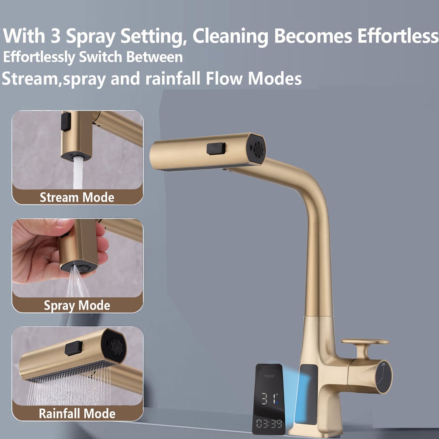 Waterfall Faucet With Display and Pull Down Spray