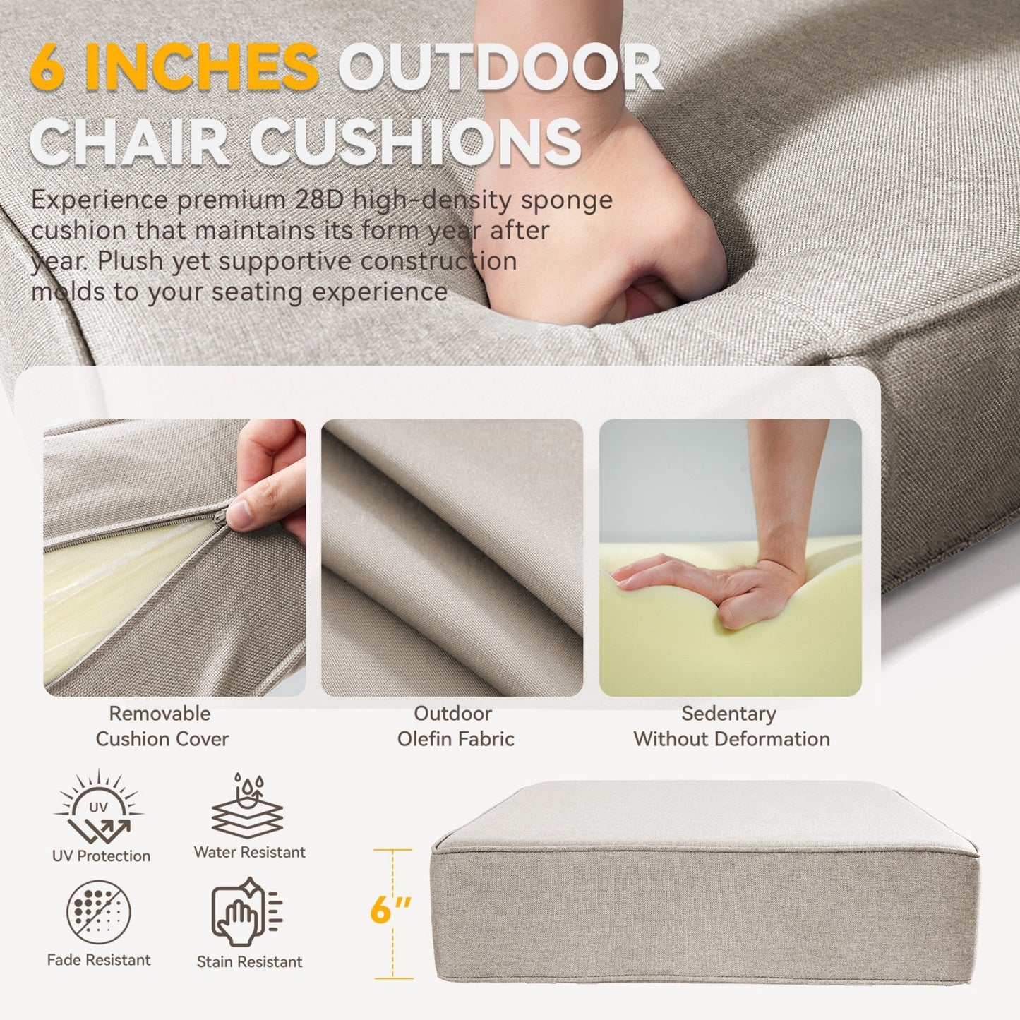 6 Inch Thick Outdoor Chair and Sofa Cushion
