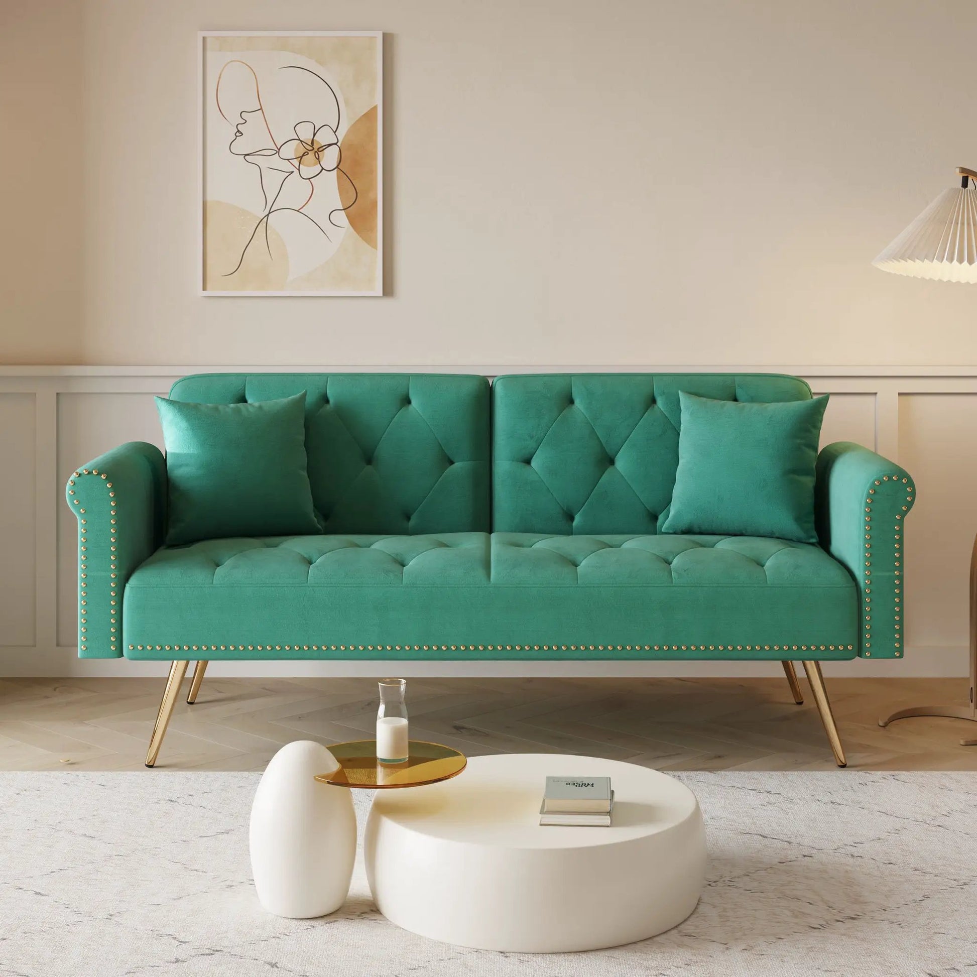 Futon sofa bed by Unique Piece Furniture in teal with tufted cushions and nailhead trim on Tampa Home & Garden Store