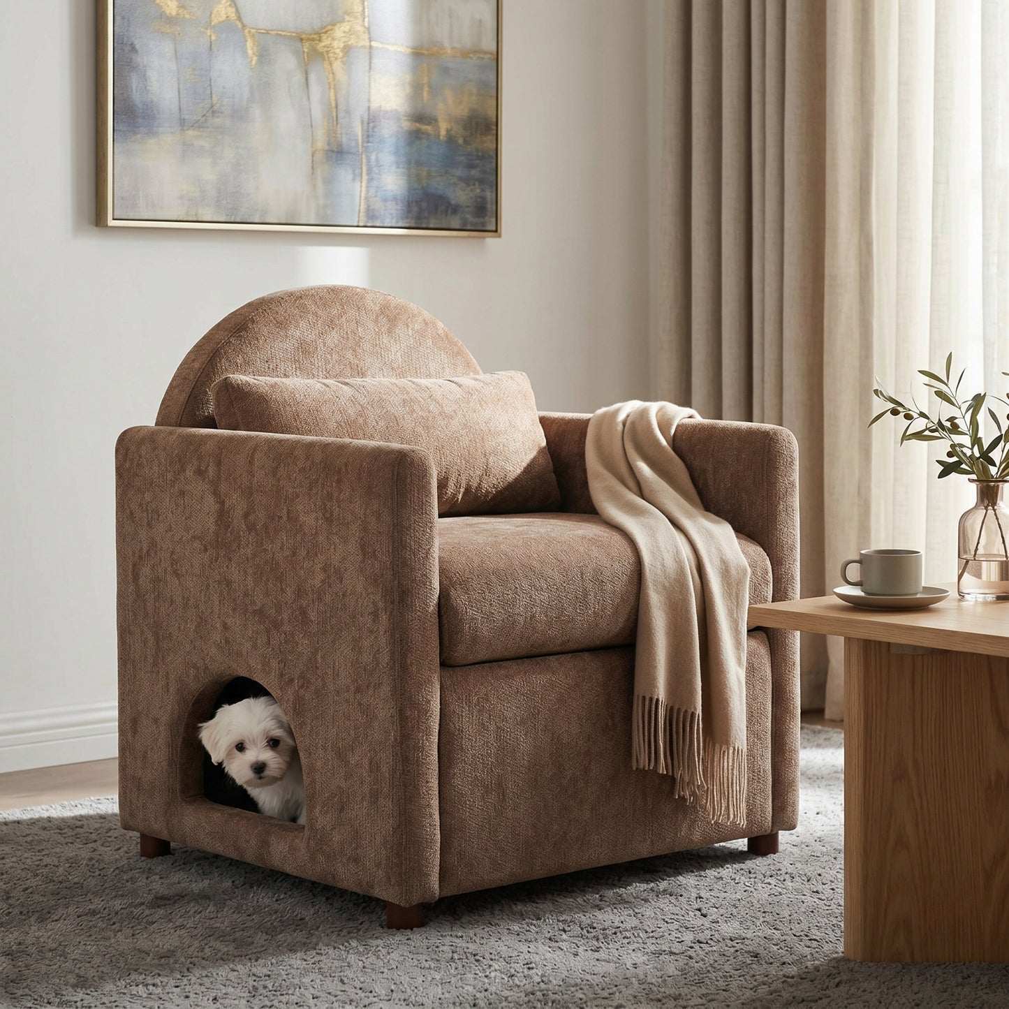 Coffee brown pet-friendly accent chair with hidden pet nook; dog peeking out on Tampa Home & Garden Store