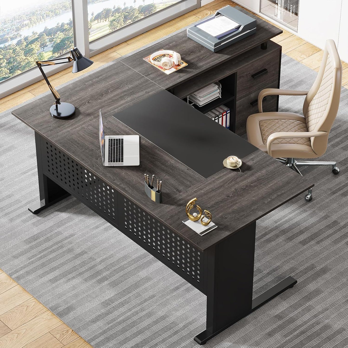 HouseOfZazla L-Shaped Executive Desk with file cabinet and shelves in dark wood on Tampa Home & Garden Store