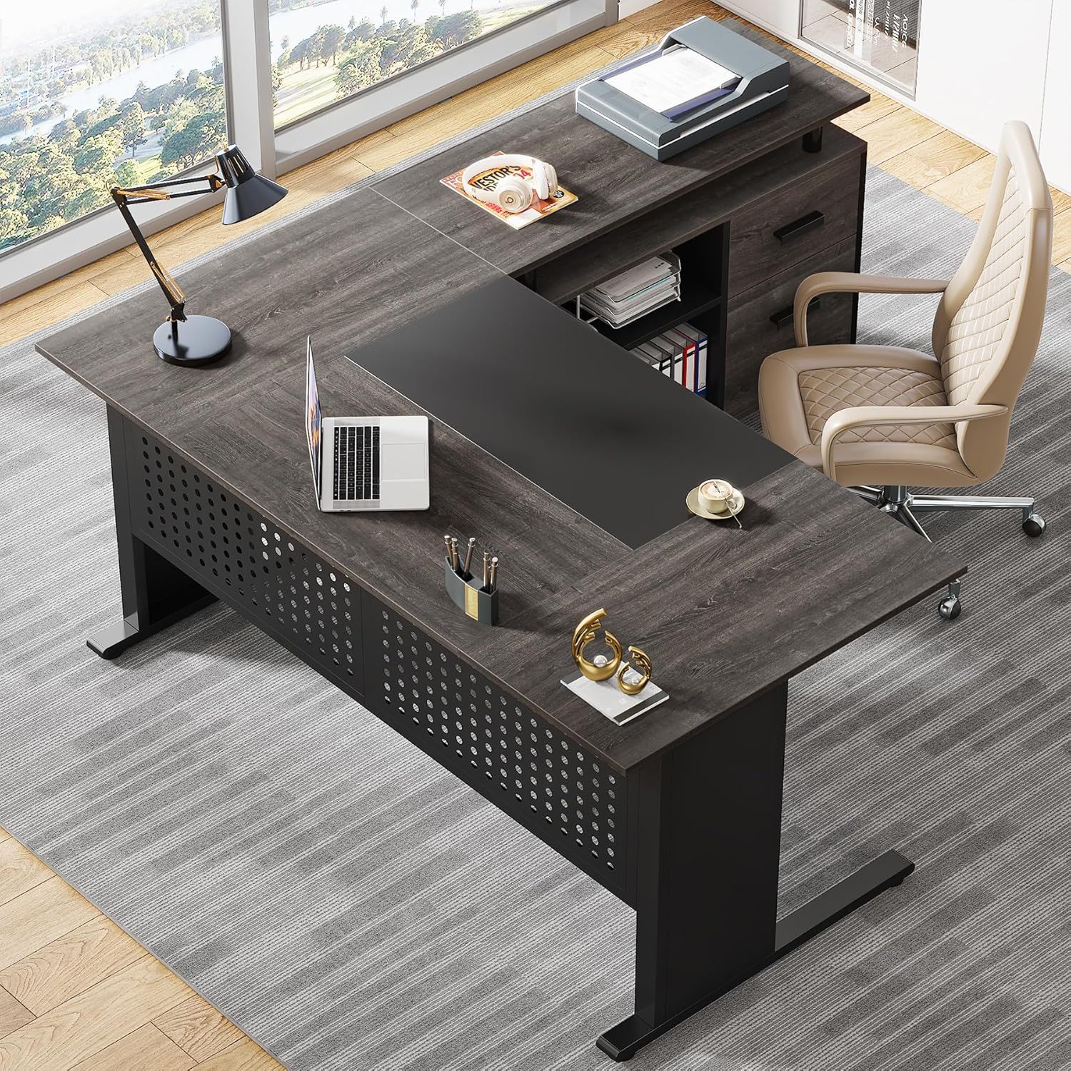 HouseOfZazla L-Shaped Executive Desk with file cabinet and shelves in dark wood on Tampa Home & Garden Store