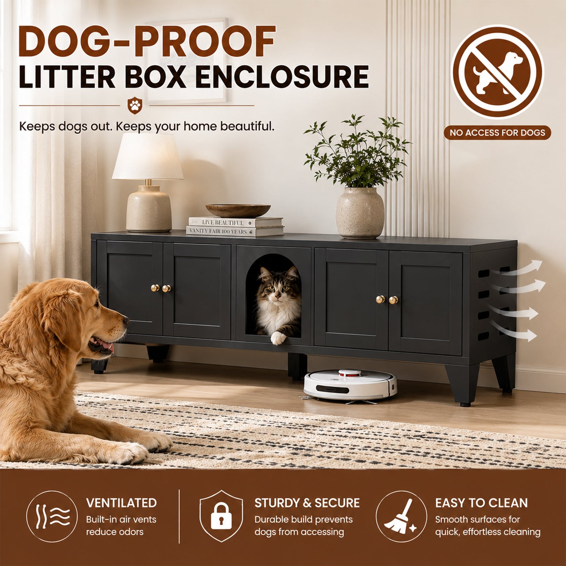 58in metal cat litter box enclosure by HouseOfZazla in a black storage cabinet with cat inside on Tampa Home & Garden Store