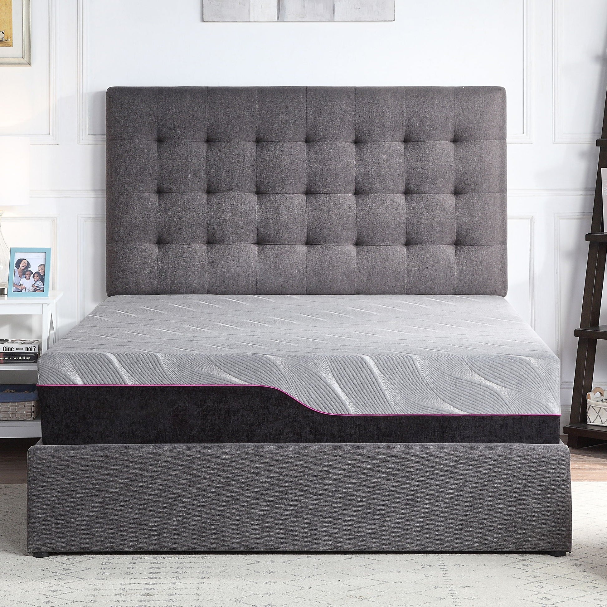 Memory Foam Mattress 11-inch Renew Cooling GelCare by HouseOfZazla with grey tufted bed on Tampa Home & Garden Store