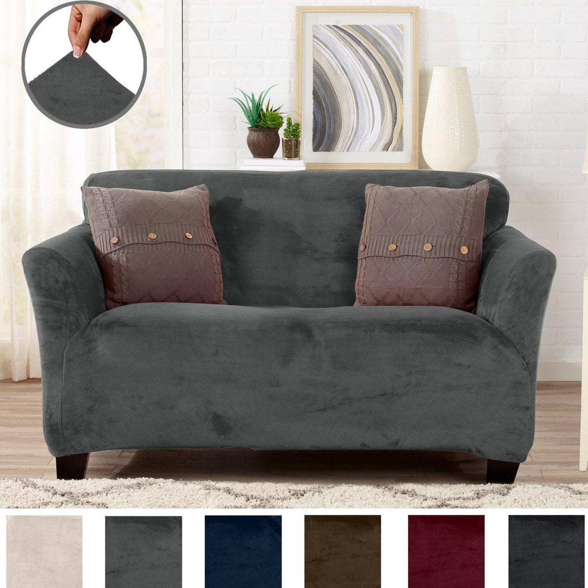 Velvet Stretch Slipcover Gale Collection on dark gray sofa with mauve knitted pillows on Tampa Home & Garden Store