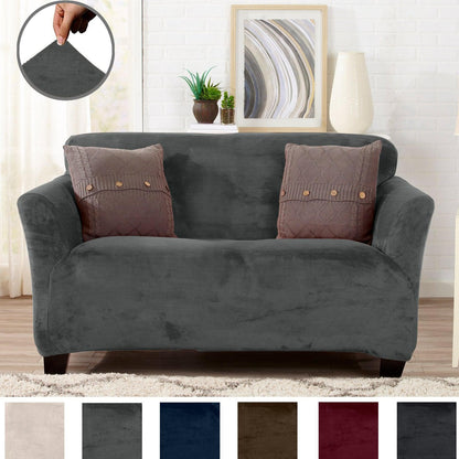 Velvet Stretch Slipcover Gale Collection on dark gray sofa with mauve knitted pillows on Tampa Home & Garden Store