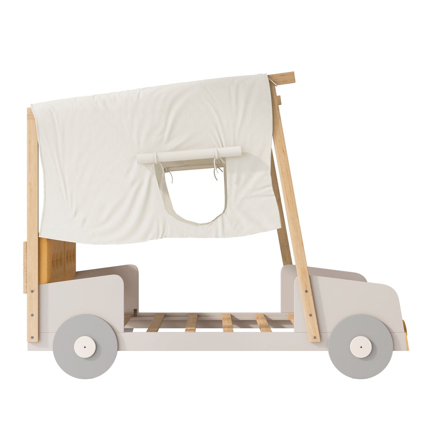 Twin Size Car Bed with Pillow, natural wood frame and white fabric panels with gray wheels on Tampa Home & Garden Store