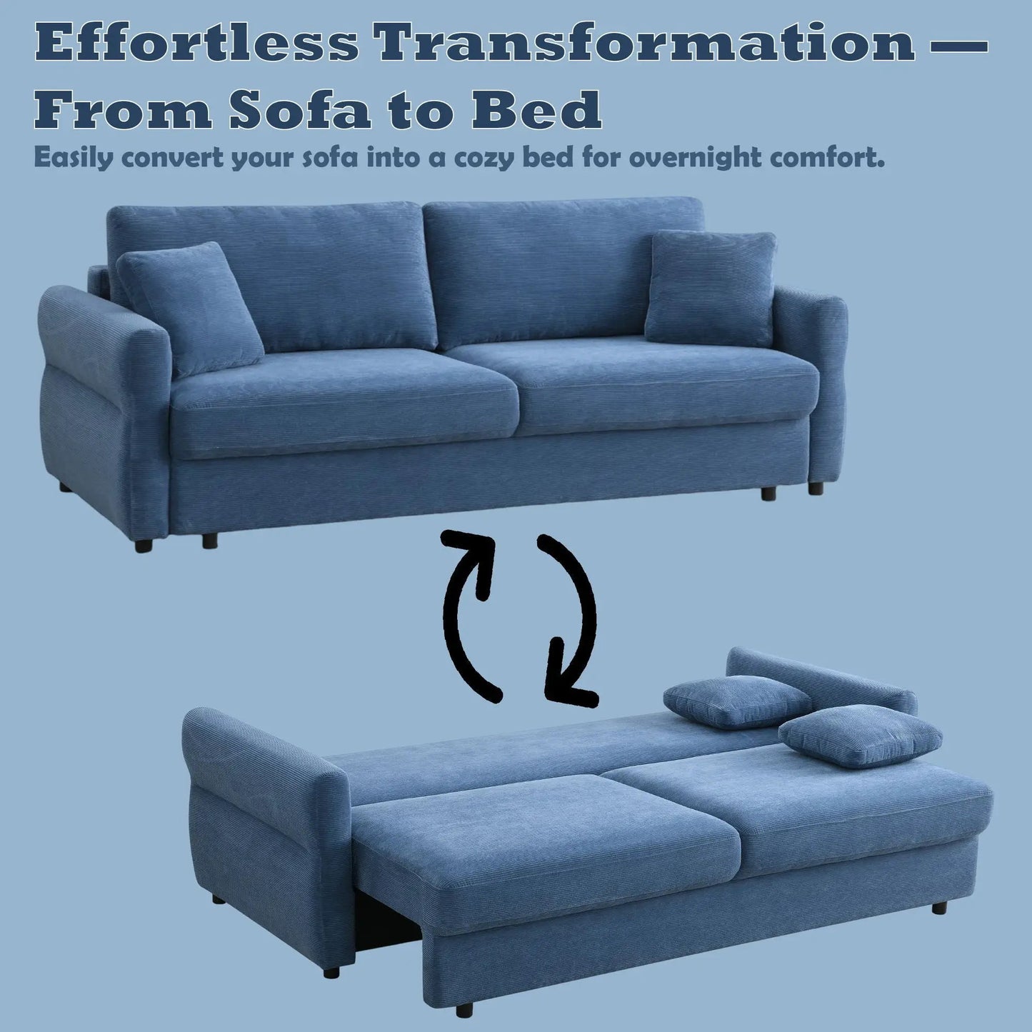 Haran Pull Out Sleeper Sofa With Storage, blue corduroy upholstery on Tampa Home & Garden Store