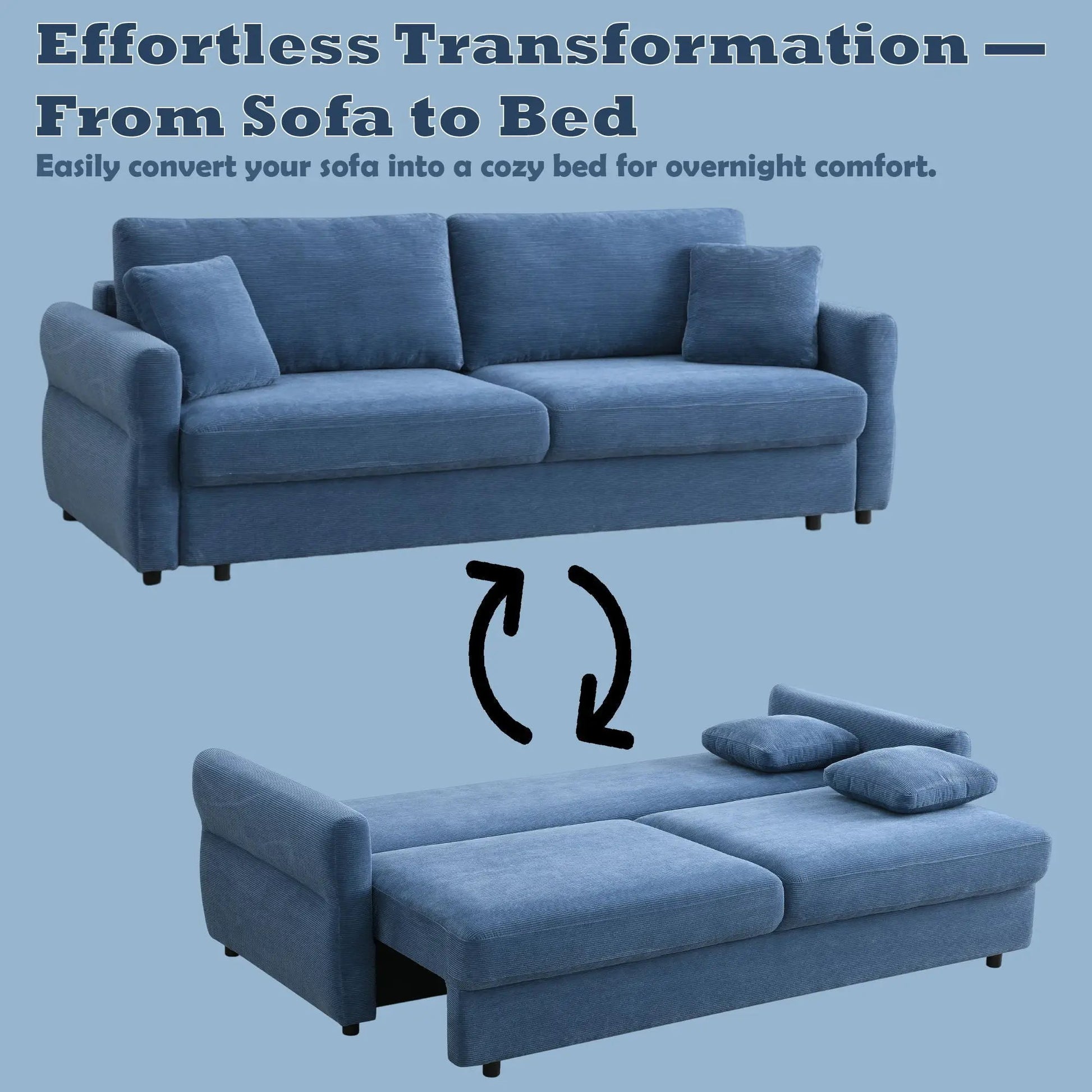 Haran Pull Out Sleeper Sofa With Storage, blue corduroy upholstery on Tampa Home & Garden Store