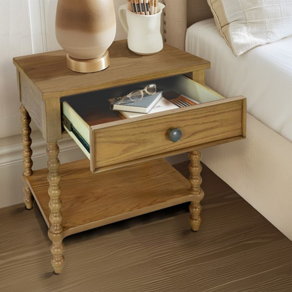 Traditional nightstand in light brown wood with drawer by HouseOfZazla, top lamp on Tampa Home & Garden Store