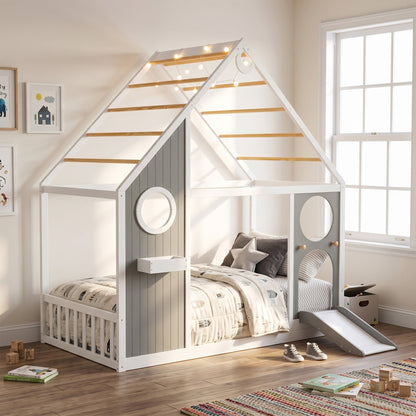 Twin House Bed with Slide and Ball Light Strip in gray by HouseOfZazla on Tampa Home & Garden Store