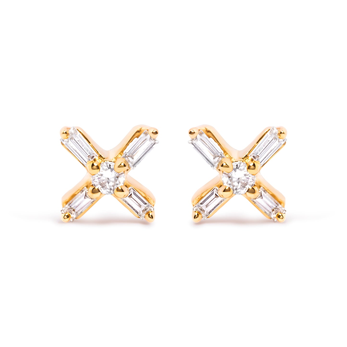 Pair of 10K yellow gold criss-cross X stud earrings with baguette diamonds, H-I color I1-I2 on Tampa Home & Garden Store