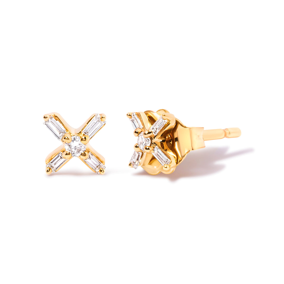 10K yellow gold X-shaped criss-cross diamond stud earrings with baguette & round diamonds on Tampa Home & Garden Store