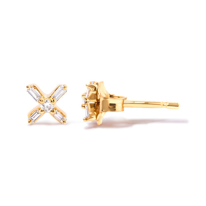 Pair of 10K yellow gold criss-cross diamond stud earrings with baguette diamonds on Tampa Home & Garden Store