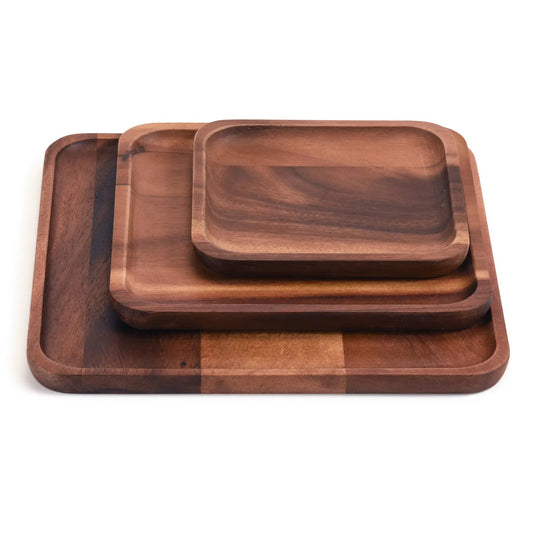 Acacia Wood Plates Set in Three Sizes for Serving, three rectangular trays nested in brown on Tampa Home & Garden Store