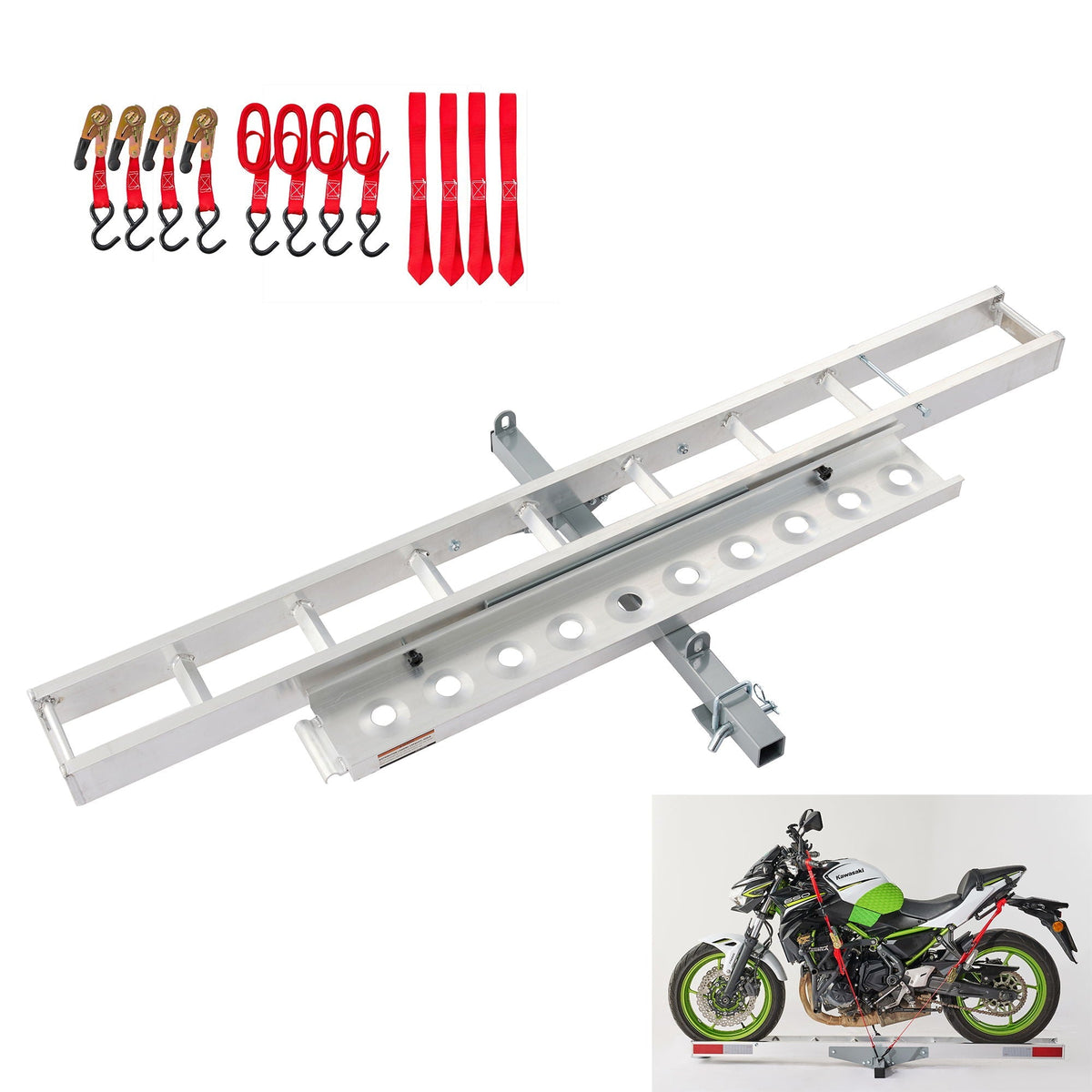 Motorcycle hitch mount carrier with ramp in silver rust-resistant with red straps on Tampa Home & Garden Store