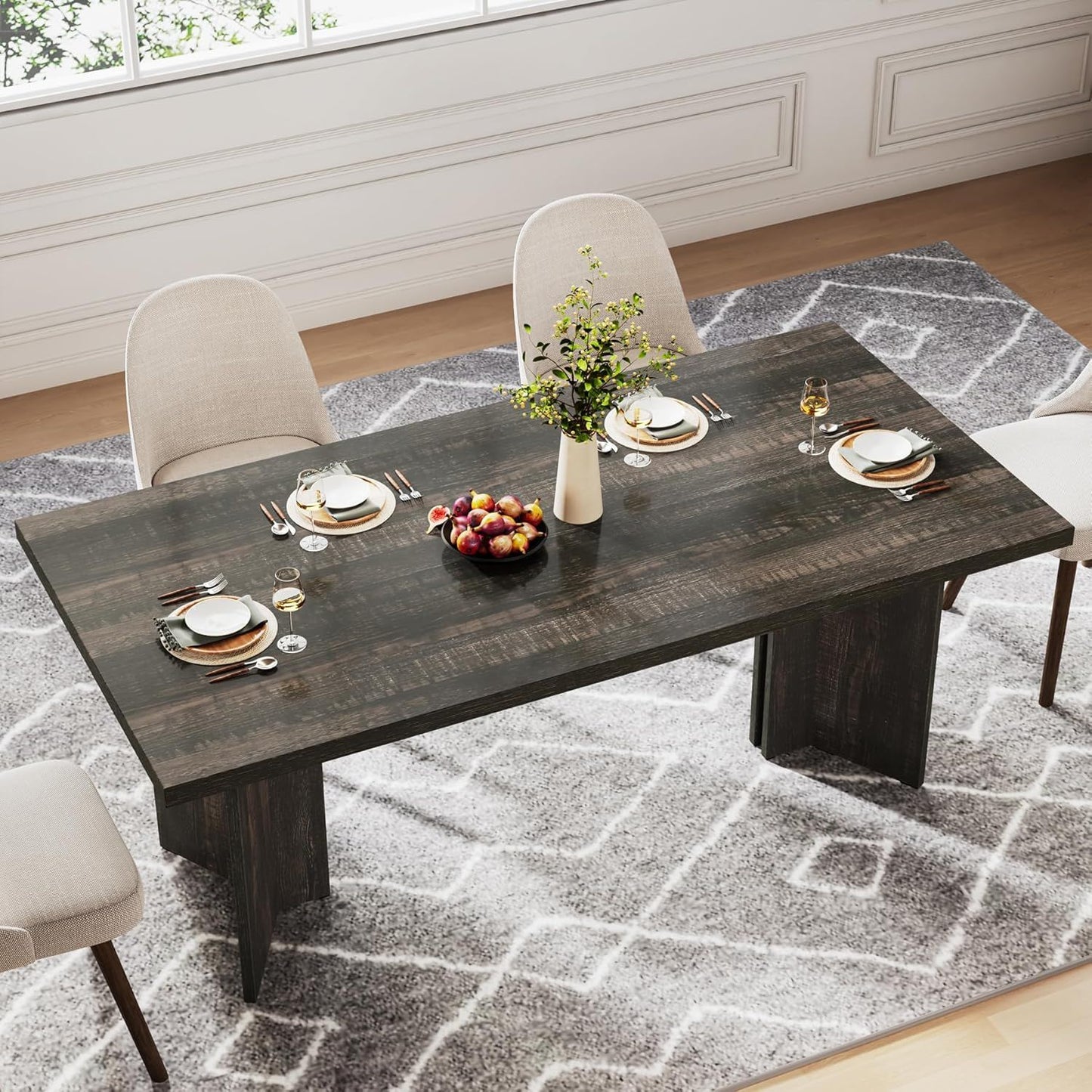Dining Table For 4-6 People with thick dark wood top and beige chairs HouseOfZazla on Tampa Home & Garden Store