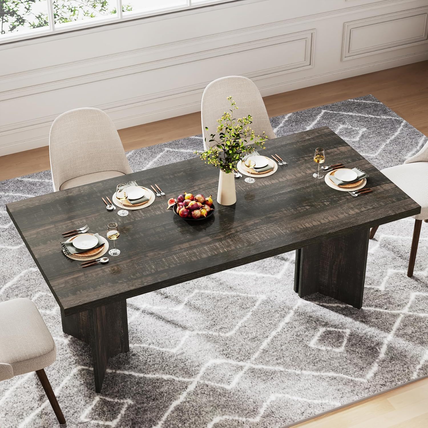 Dining Table For 4-6 People with thick dark wood top and beige chairs HouseOfZazla on Tampa Home & Garden Store
