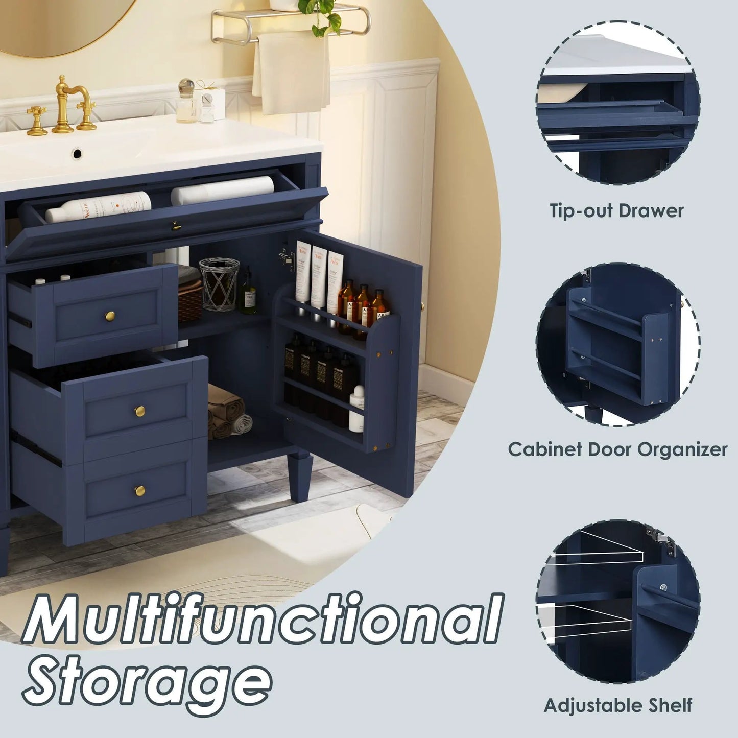 Blue Bathroom Vanity With Top Sink and Storage
