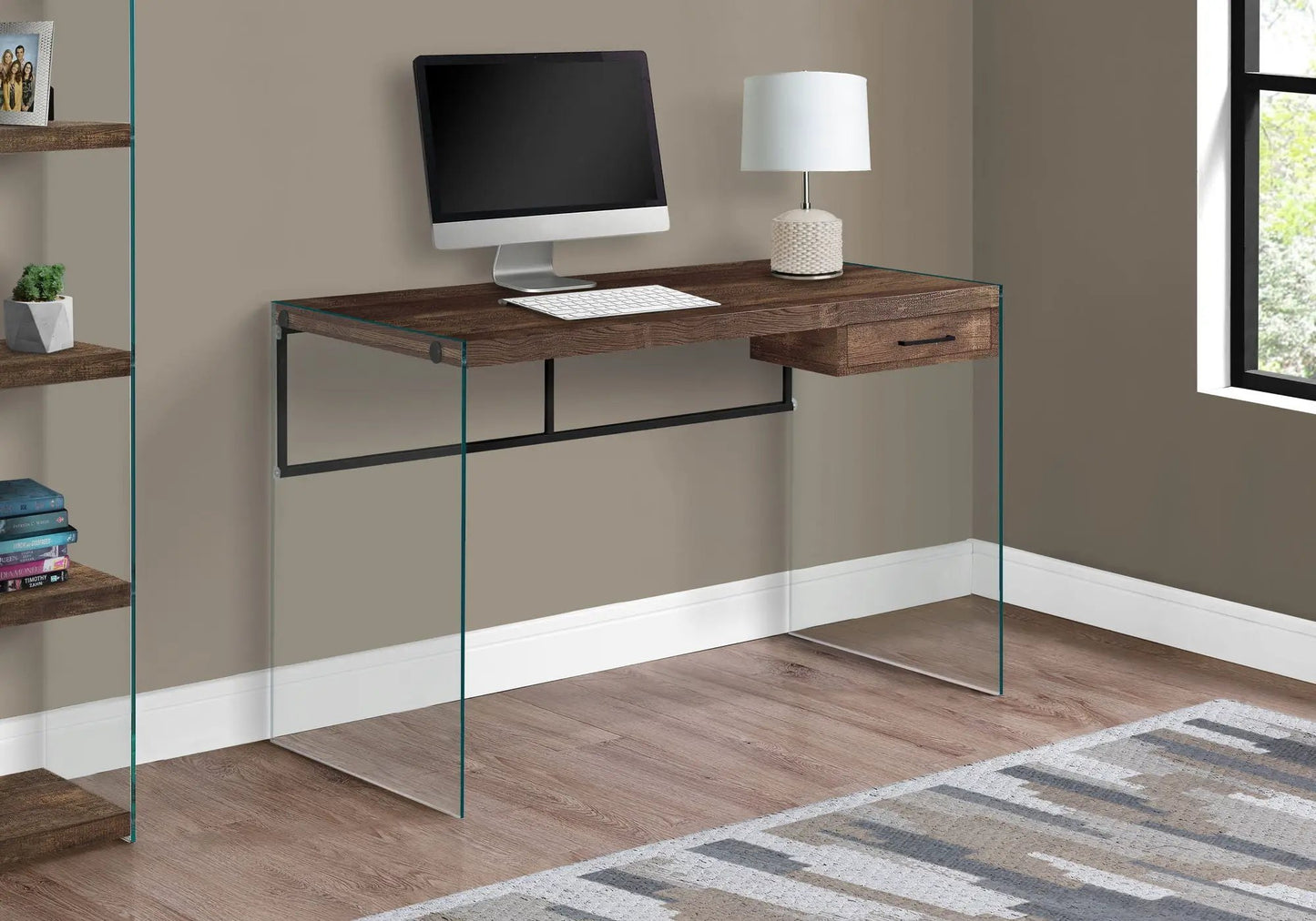 Modern computer desk with dark wood top and glass panels, 1 drawer by Unique Piece Furniture on Tampa Home & Garden Store