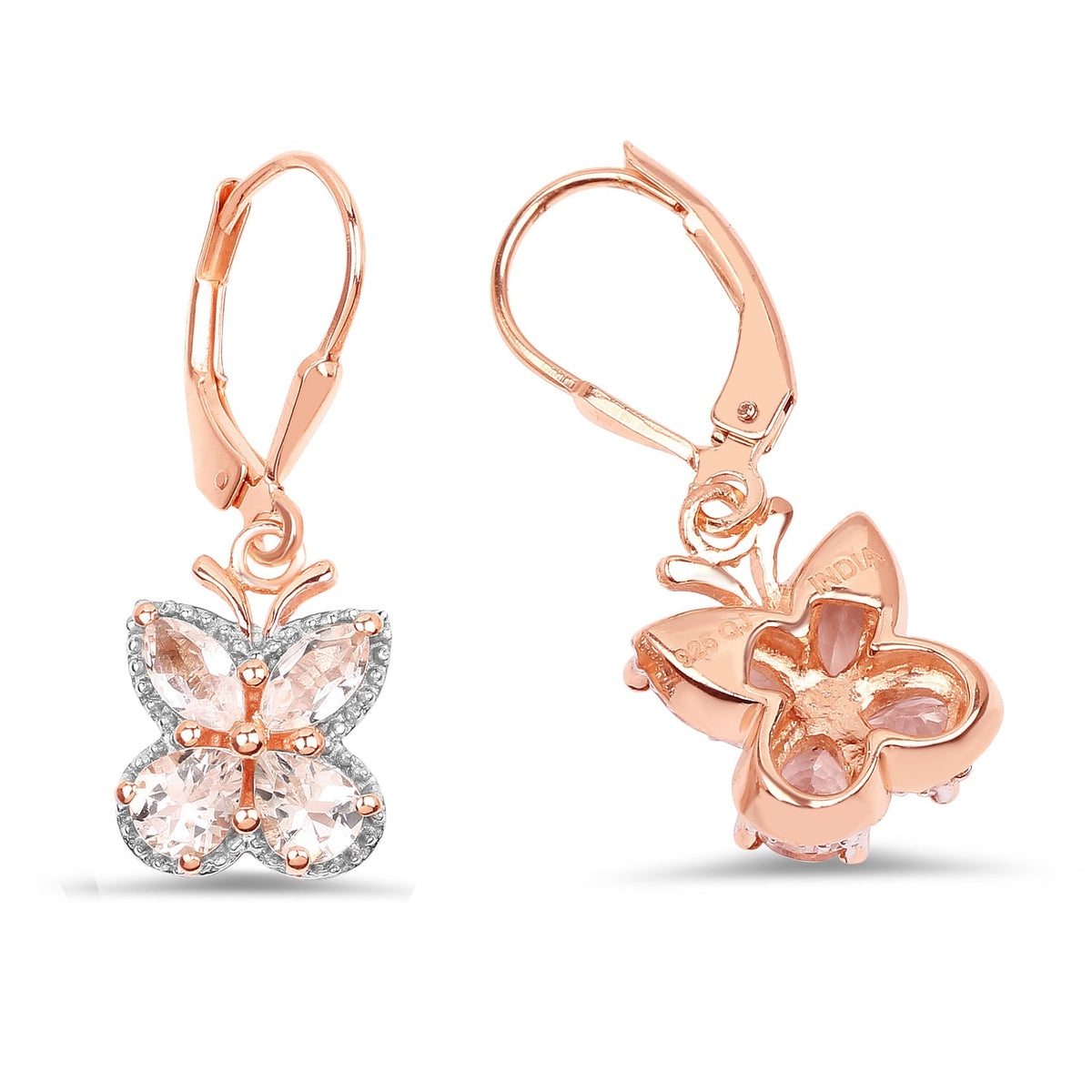 Earrings 18K rose gold plated sterling silver Morganite butterfly drop with crystals 2 pcs on Tampa Home & Garden Store