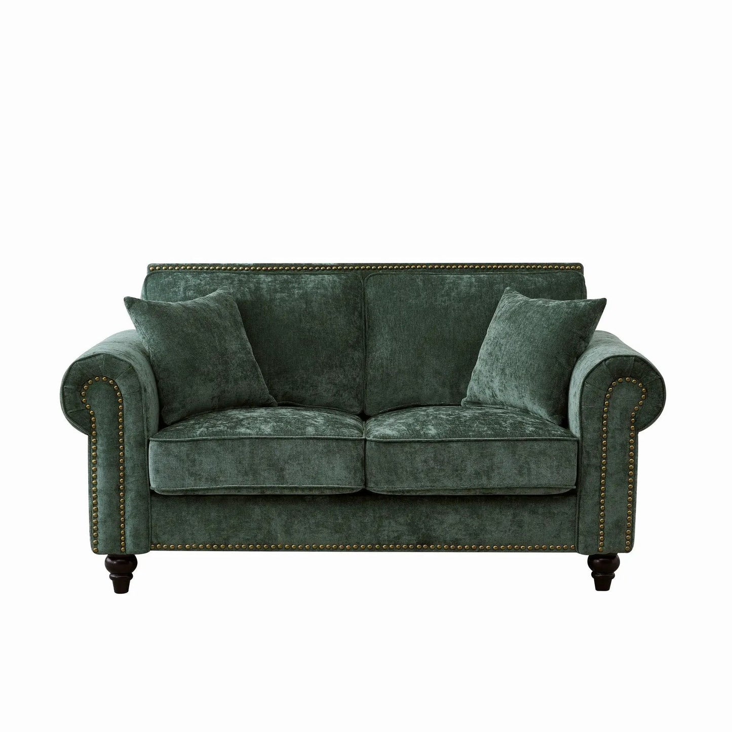 2 Seater sofa with rolled arms and tufted velvet upholstery in dark green nailhead trim on Tampa Home & Garden Store