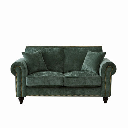 2 Seater sofa with rolled arms and tufted velvet upholstery in dark green nailhead trim on Tampa Home & Garden Store