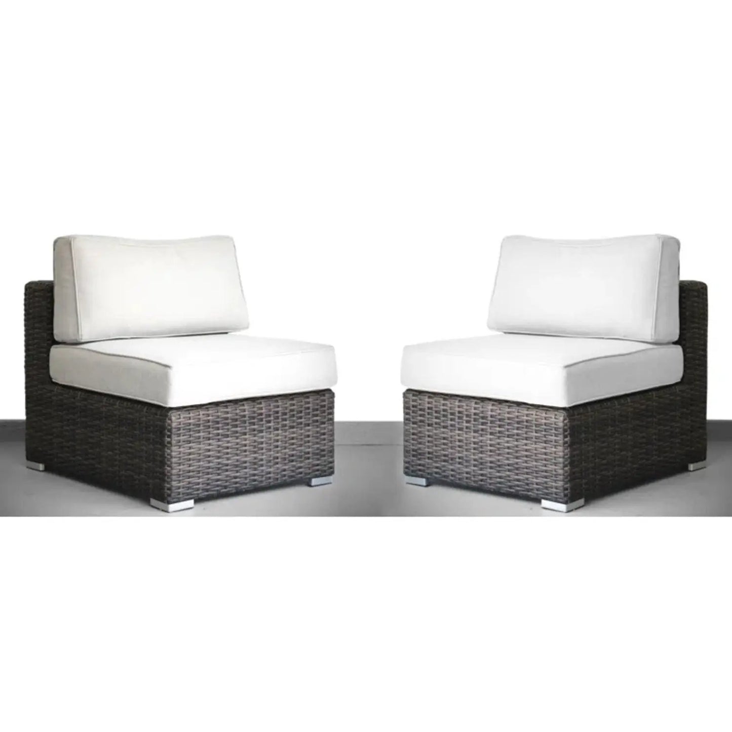 Seating set with white cushions in handcrafted wicker design, two outdoor armchairs on Tampa Home & Garden Store