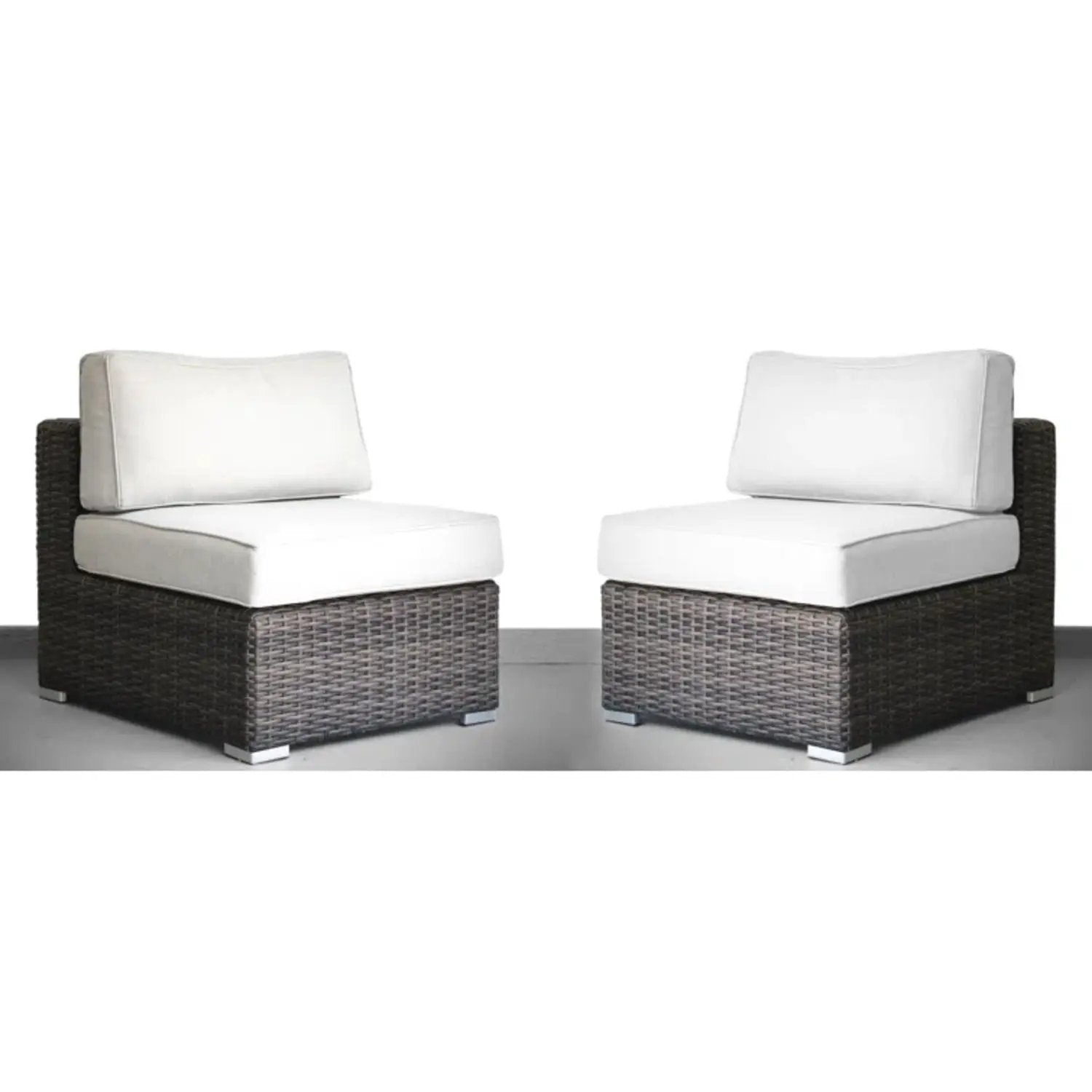 Seating set with white cushions in handcrafted wicker design, two outdoor armchairs on Tampa Home & Garden Store