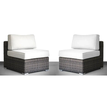 Seating set with white cushions in handcrafted wicker design, two outdoor armchairs on Tampa Home & Garden Store