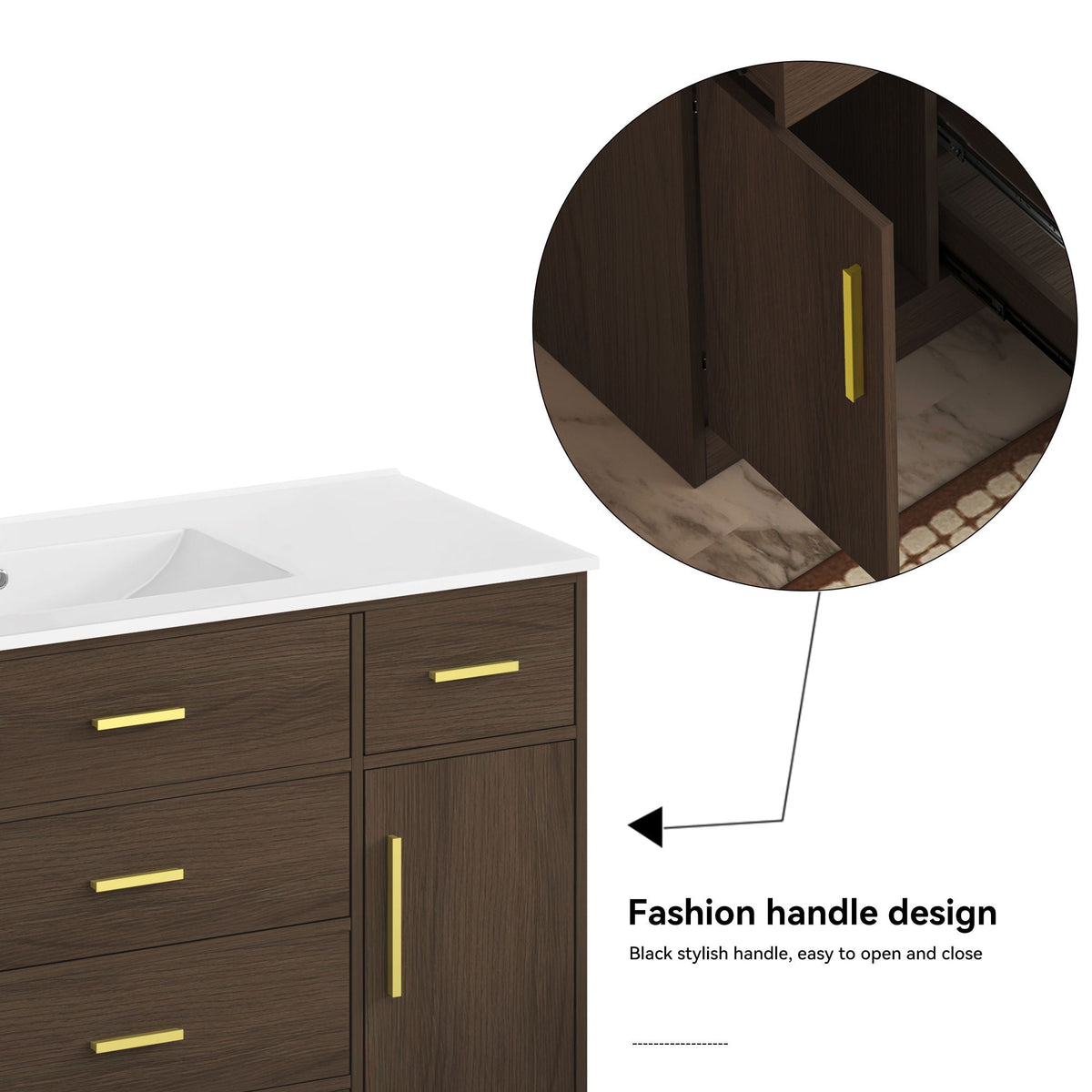 Bathroom vanity in dark walnut with soft-close drawers, white countertop, gold bar handles on Tampa Home & Garden Store