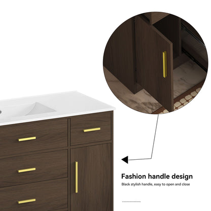 Bathroom vanity in dark walnut with soft-close drawers, white countertop, gold bar handles on Tampa Home & Garden Store