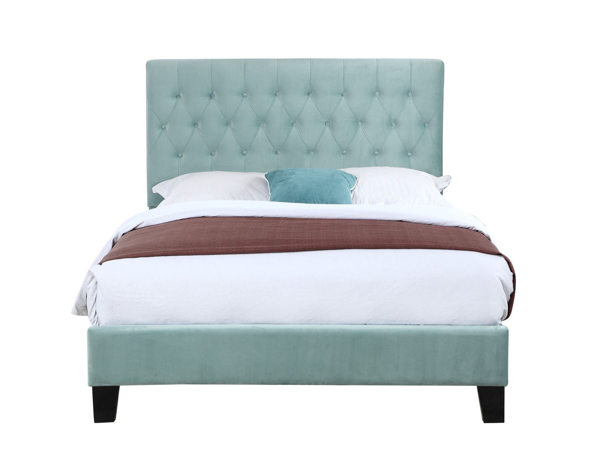Luma Upholstered Bed in teal velvet with tufted pattern, white bedding, HouseOfZazla on Tampa Home & Garden Store