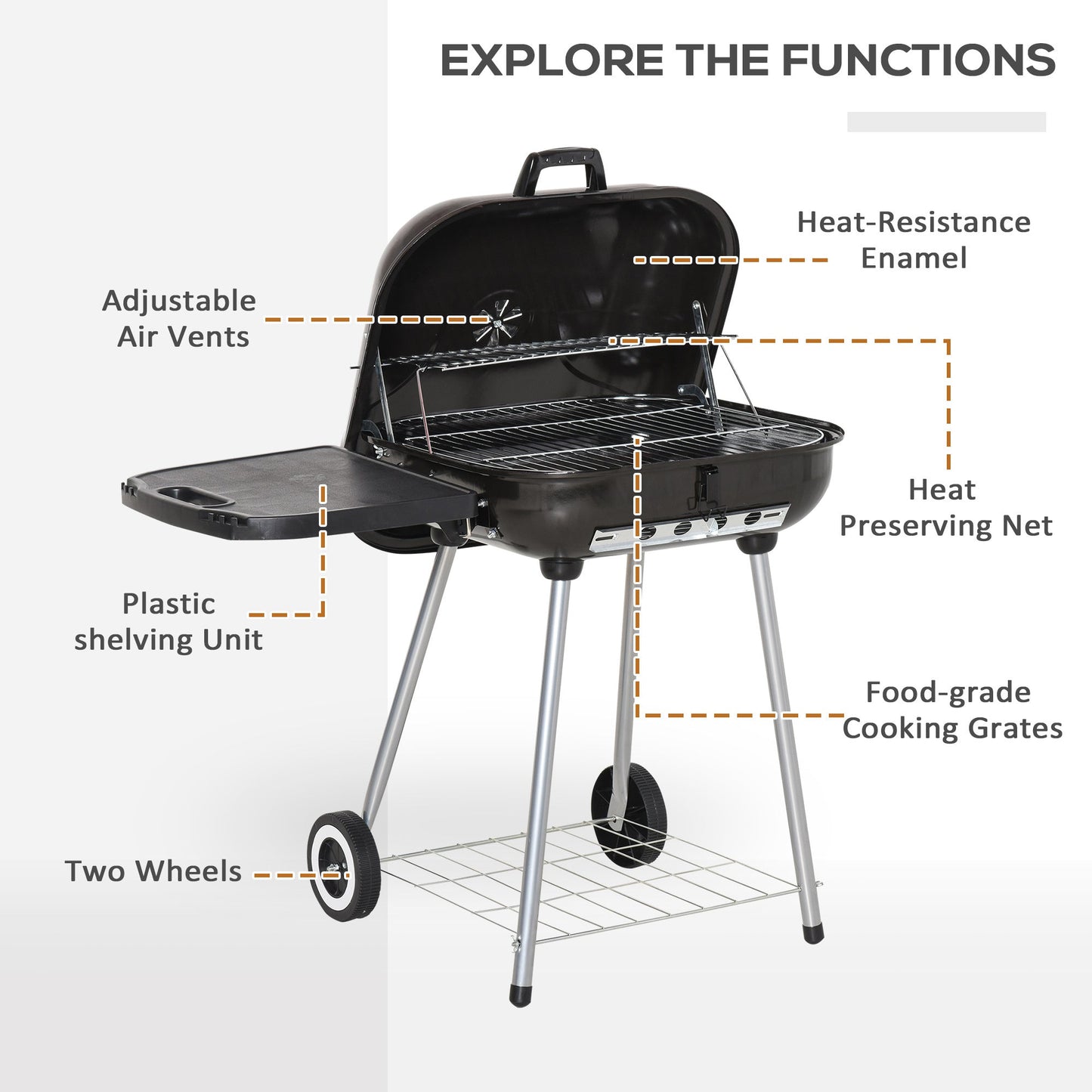 Outsunny portable charcoal grill with wheels and bottom shelf, black metal construction on Tampa Home & Garden Store