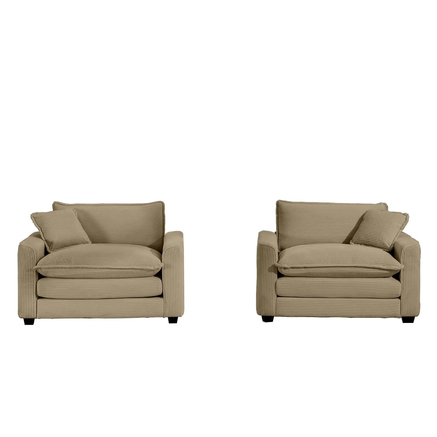 Pair of beige fabric arm chairs with deep seats and pillows on Tampa Home & Garden Store