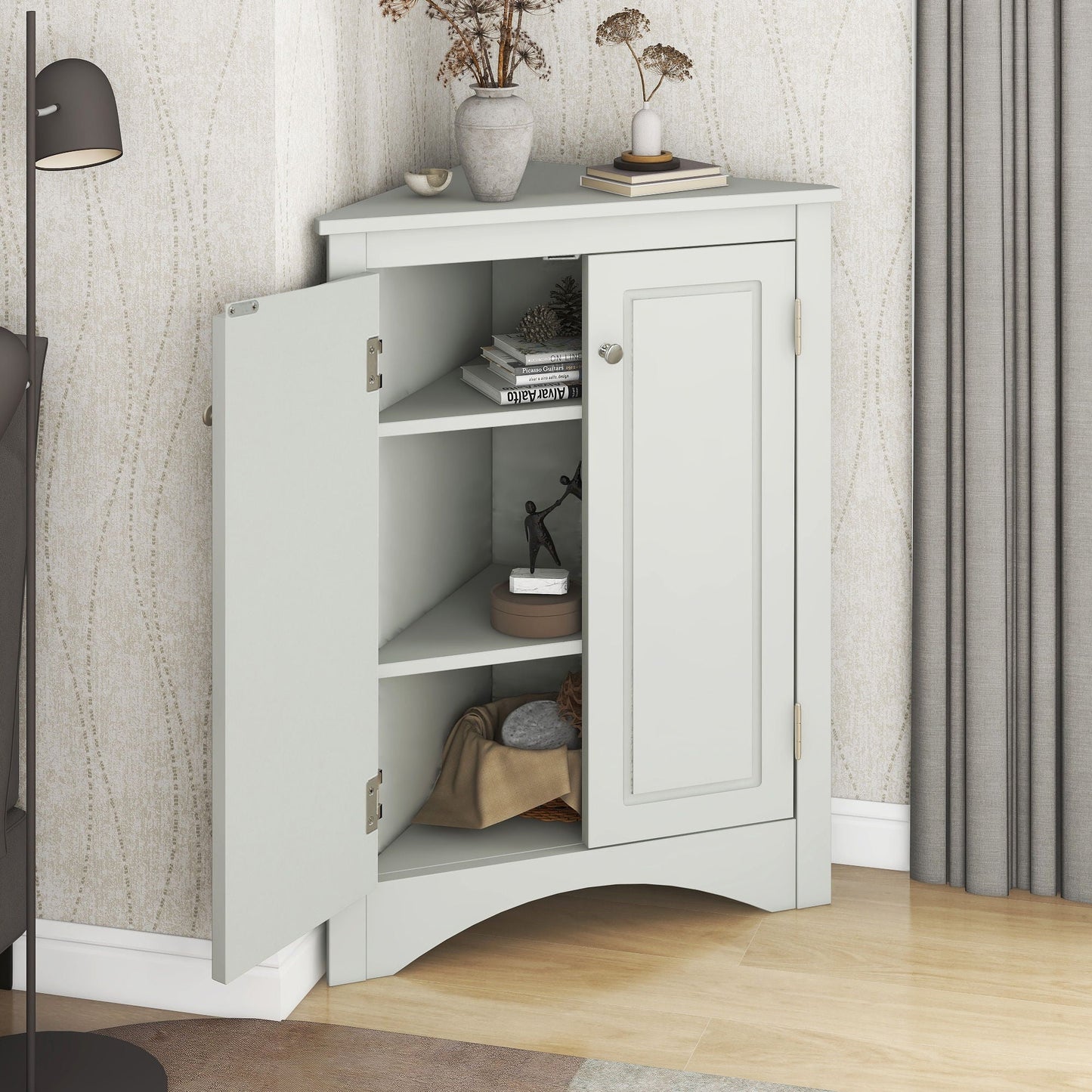 HouseOfZazla triangle linen cabinet with adjustable shelves, light gray finish, open shelf view on Tampa Home & Garden Store