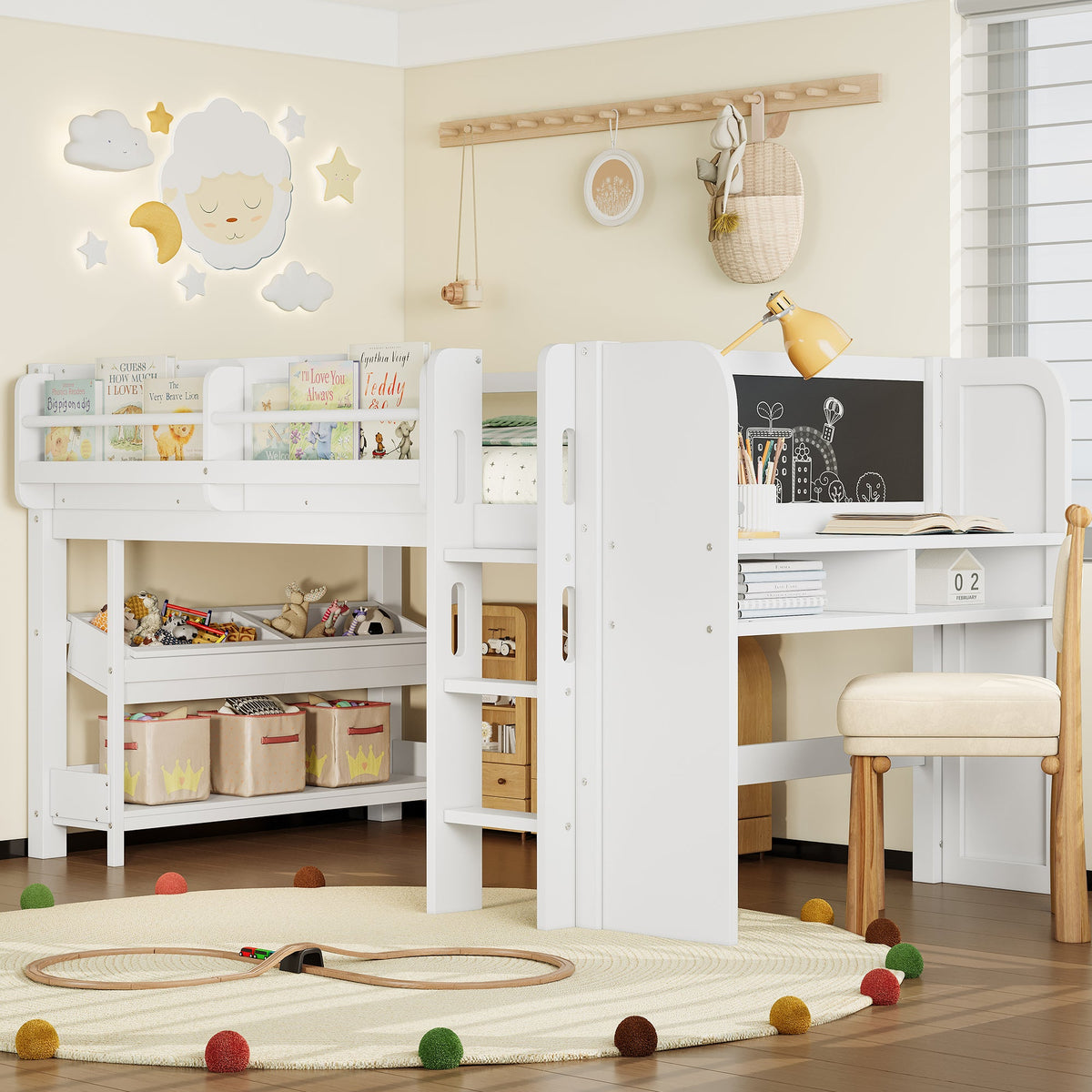 Two white twin loft beds with multi-storage bookcases, desk and blackboard by HouseOfZazla on Tampa Home & Garden Store