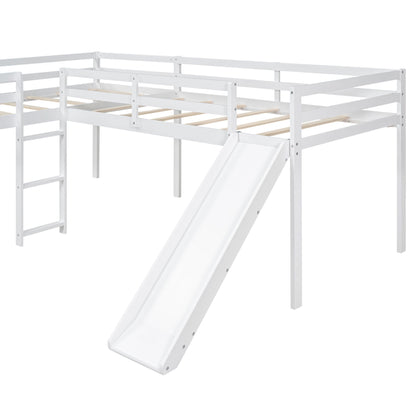L Shaped Loft Bed With Ladder And Slide, white frame with wood slat supports HouseOfZazla on Tampa Home & Garden Store