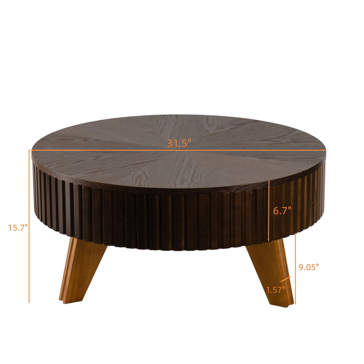 Round retro coffee table with solid wood legs in dark espresso finish, ribbed base, 31.5 in dia on Tampa Home & Garden Store